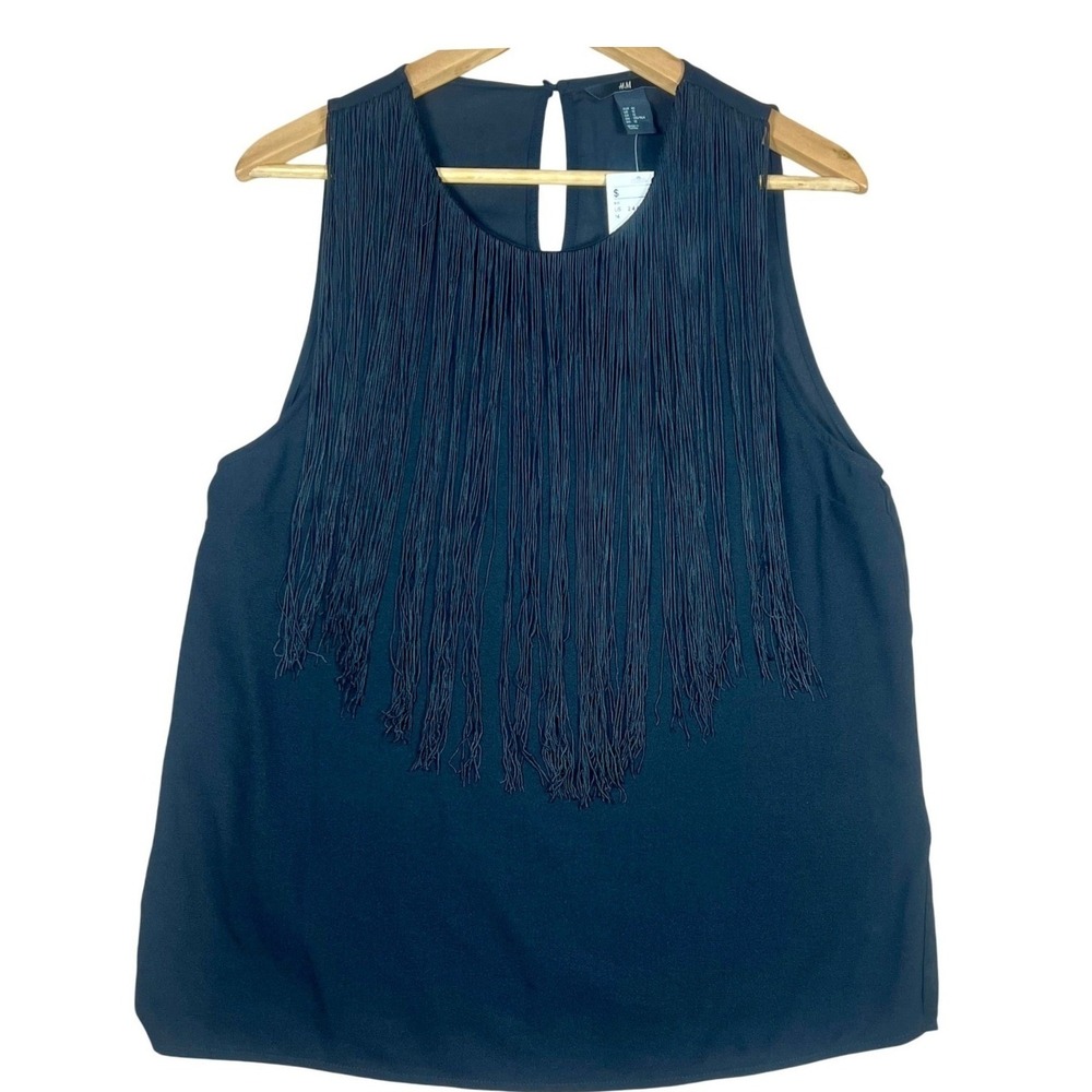 H&M Black Fringe Sleeveless Blouse NWT US 14 Party Cocktail Career Whimsygoth